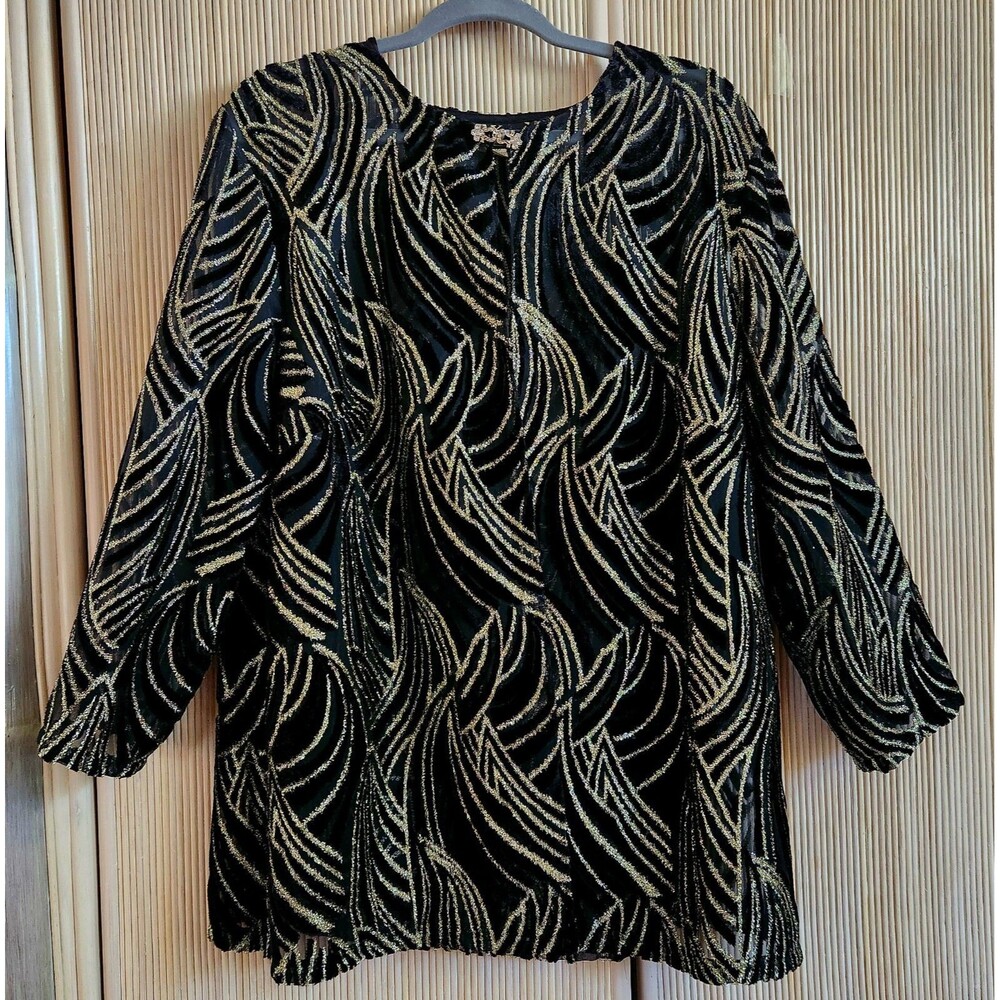 R&K Evening Women's Blouse Size 2X Black Velvet Vintage Classic Gold Sparkle